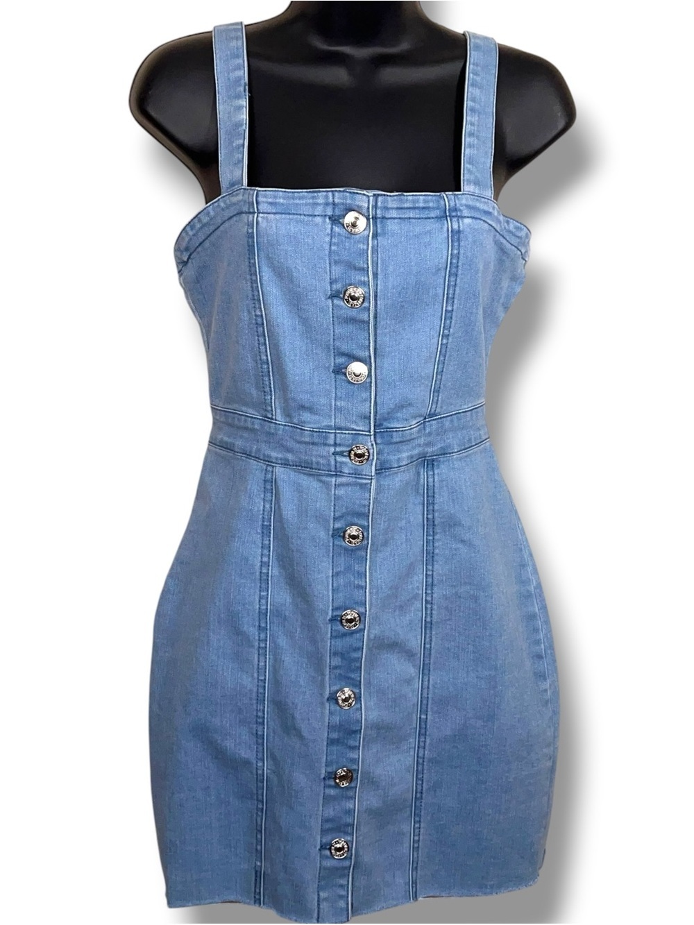 Small Forever 21 Blue Denim Dress Sleeveless Button Up Front Stretch Fringe